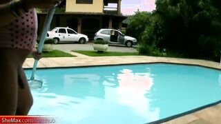 Transgender Princess in rosy harness fools around the pool and faps off