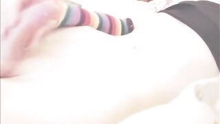 Watch this slim young girl trap and jerk off her beefstick until she cums up close and personal