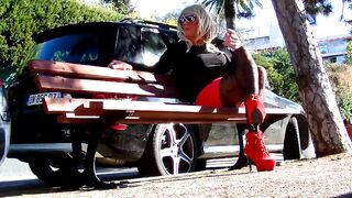 Watch this French Riviera tourist with small tits and lingerie get wild in public