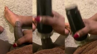 Watch this ebony amateur take a BBC in her Fleshlight and get a massive cumshot in her feet