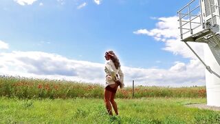 Watch this kinky mature babe in lingerie give a hot outdoor handjob to a lucky guy