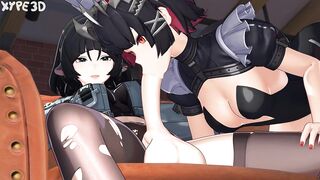 Maid relieves Futanari Jane Doe's balls with a deepthroat and femdom cosplay blowjob