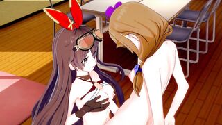Azamai's big tits bounce as she gives Lisa a kinky 3D handjob and blowjob