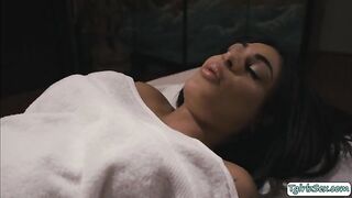 Dillon Diaz's big tits and tattoo get massaged & fucked by Masseuse's darksome mouth and bum