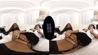 Watch a VR porn video of a hot brunette getting off with a big cock and glasses on in a hot lingerie fuckfest!